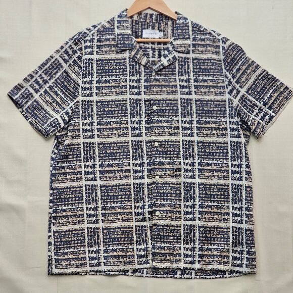 Topman XL Short Sleeve Button-Up Shirt Blue/White/Tan Square Checkered Pattern - Picture 1 of 6